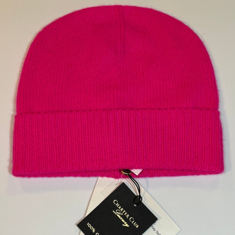 NWT Charter Club 100% Cashmere Cuffed Beanie - Pink Flame OS